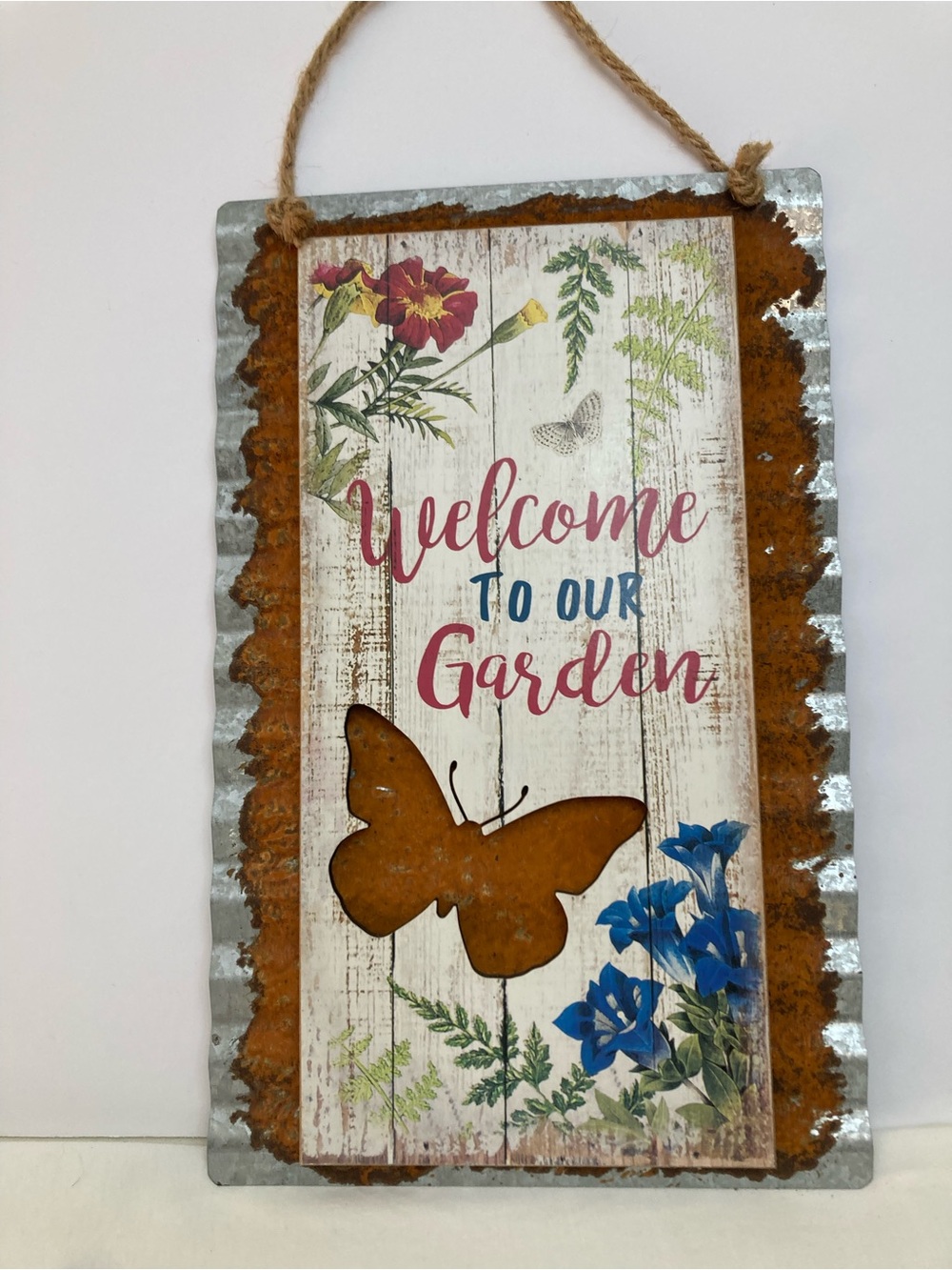 Welcome to Our Garden Rustic Butterfly Hanging Sign - White With Floral Design